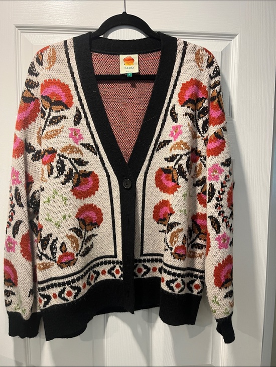 FARM Rio Sweaters - FARM Rio Cream Cardigan with Pink, Red and Black Floral Jacquard